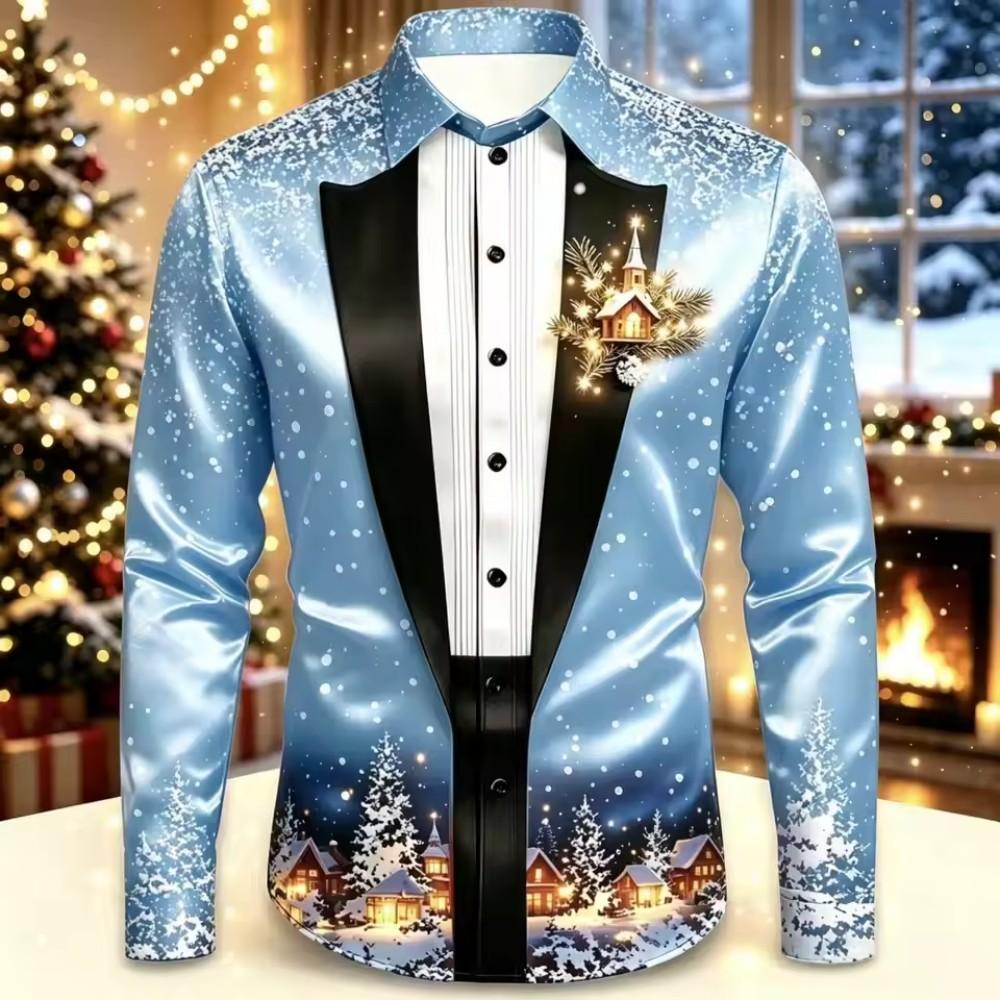2026 Men's Fashion Christmas Satin Long Sleeve Shirt Christmas Special Edition 3D Printed Snowflake Christmas Tree Cane Candy