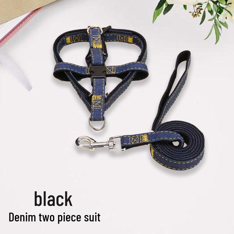 Denim Dog Leash and Harness Set with Teddy Chain for Small To Medium Dogs