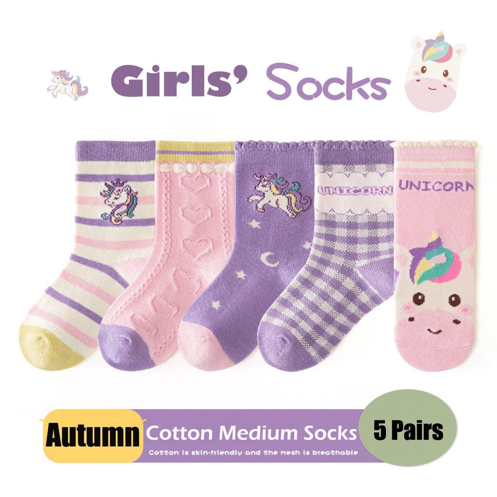 5 Paar Kinder Socken Herbst Baumwollsocken Mädchen Mid-Calf Socken Lila Einhorn Cartoon Socken Mädchen Niedliche Muster Socken