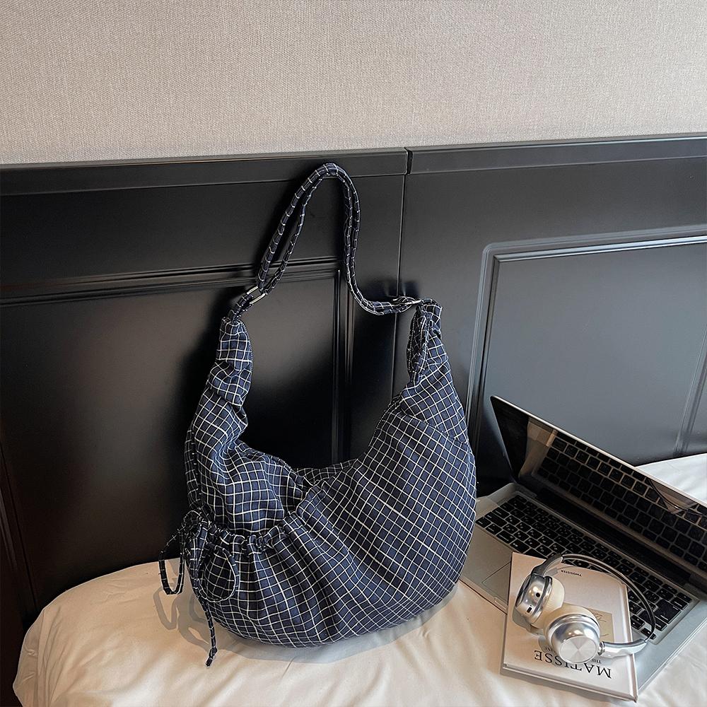 Korean Lazy Cow Horn Bag Large Capacity Canvas Bag Pleated Plaid Commuting Shoulder Crossbody Bag for Women