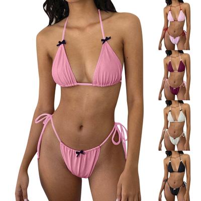 Dámské sexy jednobarevné bikiny v rozděleném stylu SSplavky s motýlkem, 2dílná sada plavek