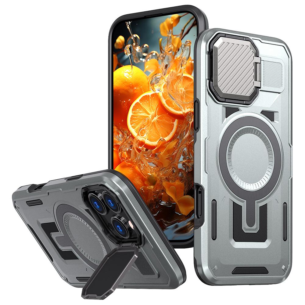 

Для чохла iPhone 16 Pro Max, сумісного з MagSafe, кришка об єктива, підставка, задня кришка з ПК+ТПУ Silver