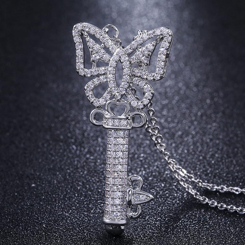 Silver Plated Butterfly Key Full CZ Pendant Necklace, Elegant Sparkling Cable Chain Necklace for Women