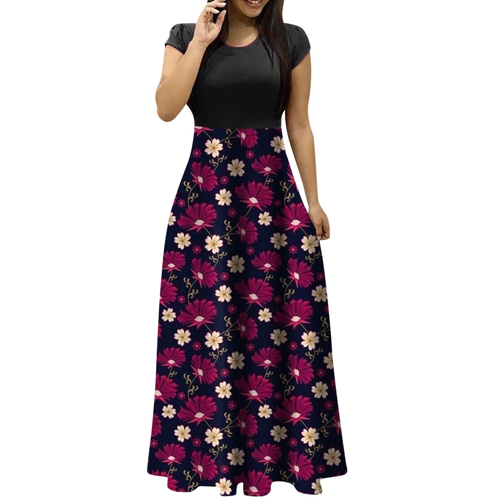 

(SU)Летние платья для женщин 2023, модные повседневные платья макси большого размера с цветочным принтом и круглым вырезом, с короткими рукавами