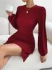Abito in maglia con scollo tondo, elegante abito attillato per donna, manica lunga, tinta unita, abiti larghi, abito con bordo a foglia di loto
