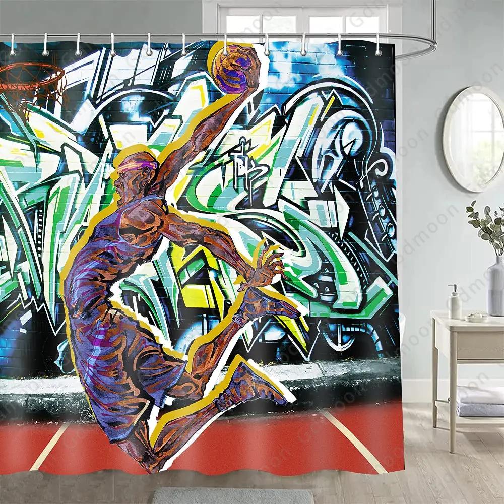 3D Basketball Shower Curtain Sets For Boys Teens Athlete Gym Theme Sports Bathroom Curtain Polyester Waterproof Shower Curtain