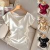 Neues Satin-V-Ausschnitt-Rüschen-Kordelzug-Oberteil im französischen Stil für Damen, Modebluse im europäischen amerikanischen Stil