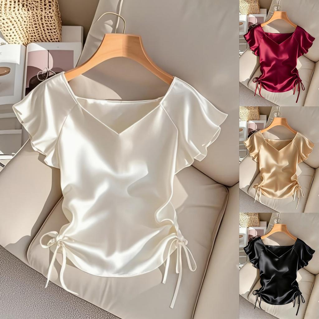 Neues Satin-V-Ausschnitt-Rüschen-Kordelzug-Oberteil im französischen Stil für Damen, Modebluse im europäischen amerikanischen Stil