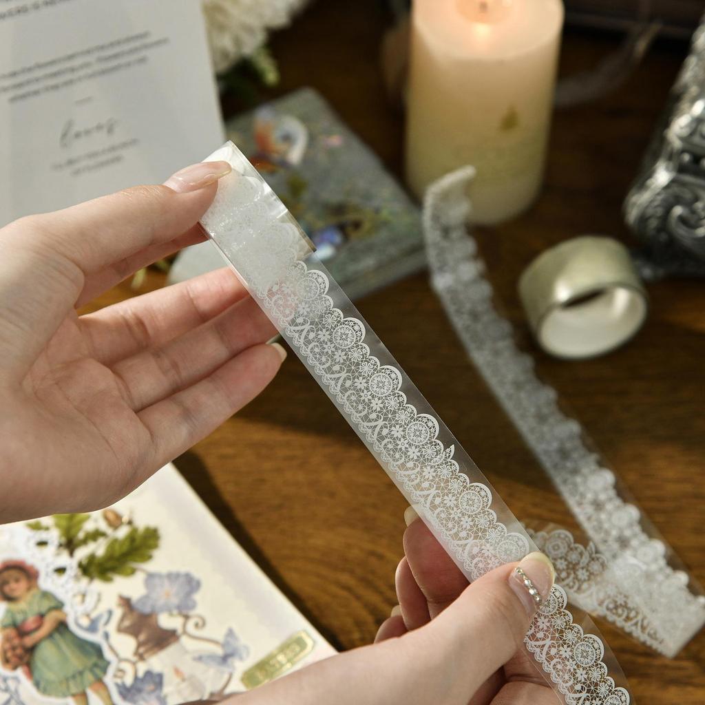 Transparent Die-Cut Lace Tape: Retro Collage Stickers, Waterproof PET, Artistic Journaling Roll.