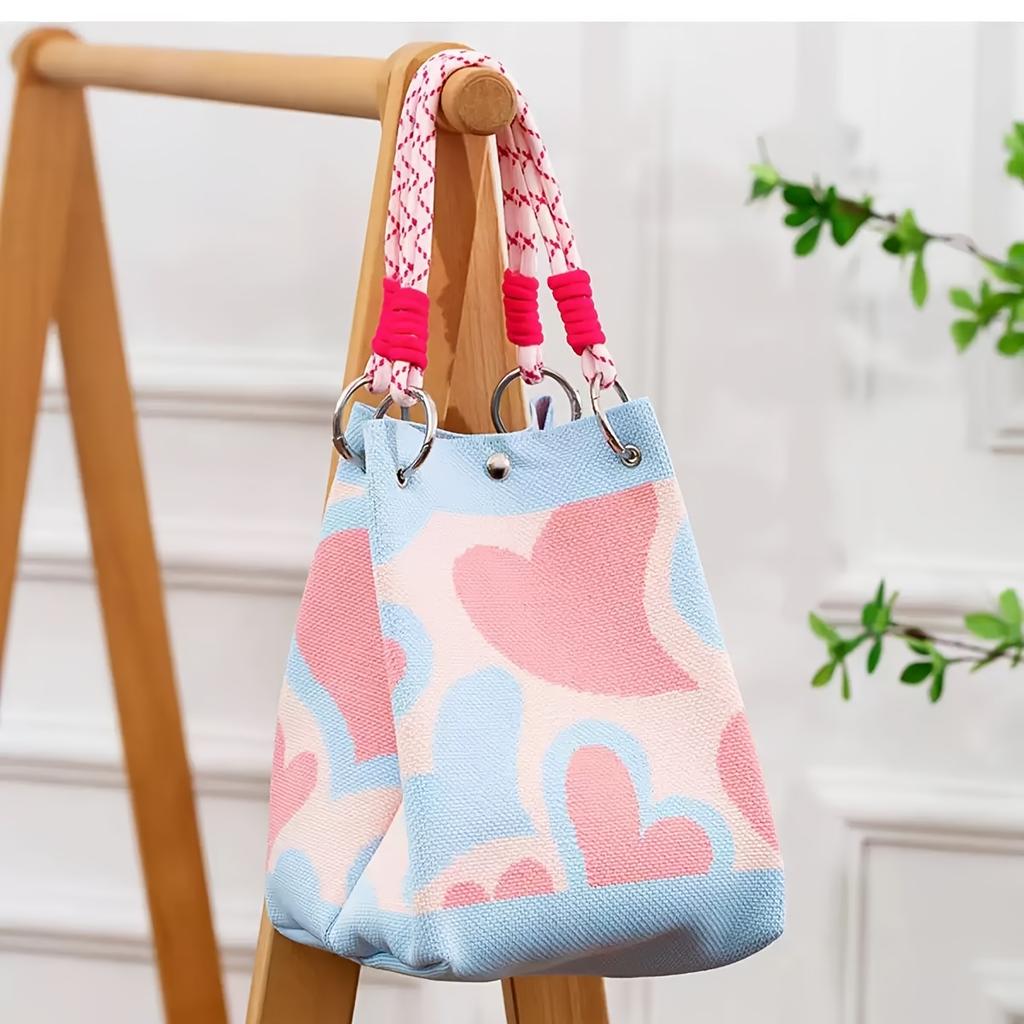 Women's Knit Bucket Bag with Magnetic Closure & Adjustable Rope Handles - Large Capacity Mixed Color Heart Pattern Tote, Durable Polyester Handbag
