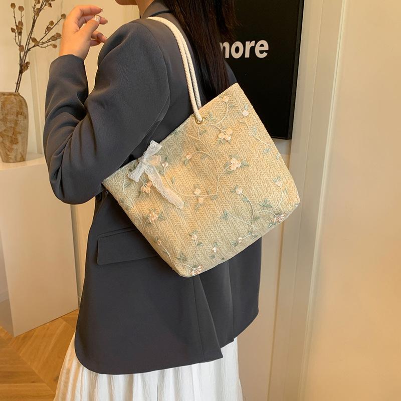 Woven bag new summer niche design bucket bag small fresh simple lace woven bag