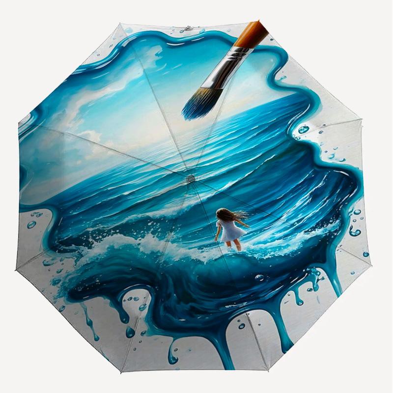 1pc Paintbrush Ocean Automatic Open/Close Umbrella Compact Folding Umbrella with 8-Rib Shaft for Women/Men, Portable Travel Umbrella,1202S