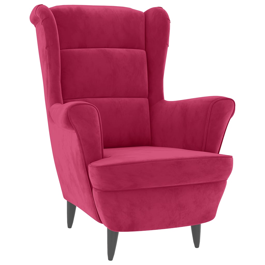 Velvet Armchair with Footstool in Burgundy Red