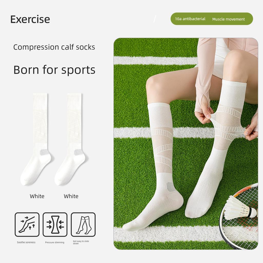 Sports Pressure Socks for Women, Summer Thin Style, White Calf Socks for Badminton, Professional Outdoor Fitness Long Tube Tennis Socks