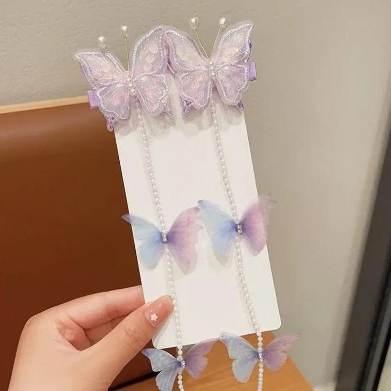2pcs Children's Pearl Butterfly Braided Hairpin Sweet Tassel  Hair Rope Princess Headwear Girls Kids Hair Accessories