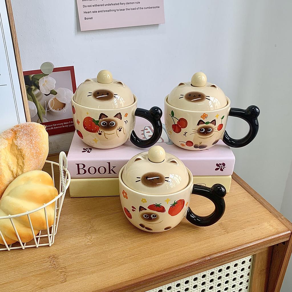 Siamese Cat Mug with Lid Spoon Cute Ceramic Cup for Women Home Office Coffee Breakfast Cup Birthday Gift