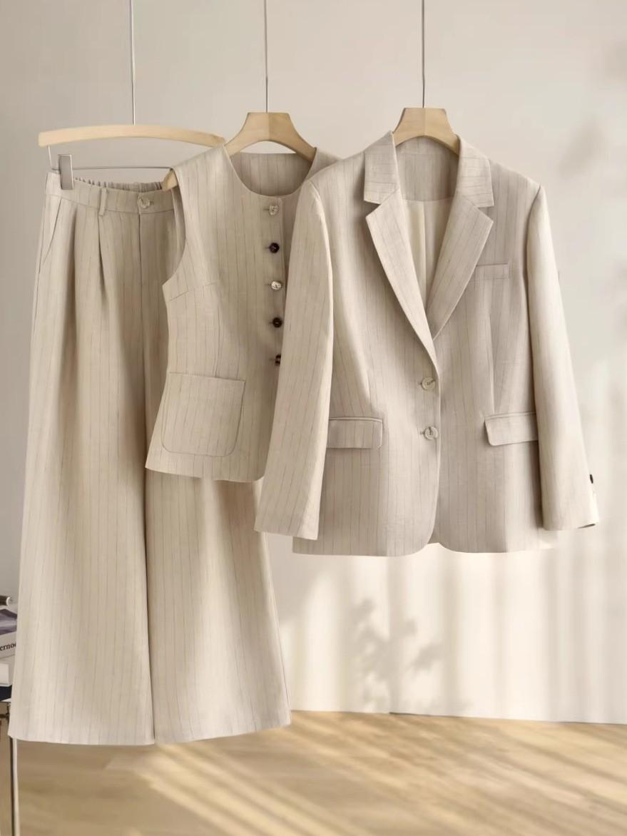 Endi Women s Striped Linen Spring Suit: Vest, Blazer & Wide-Leg Pants Set Extra Large