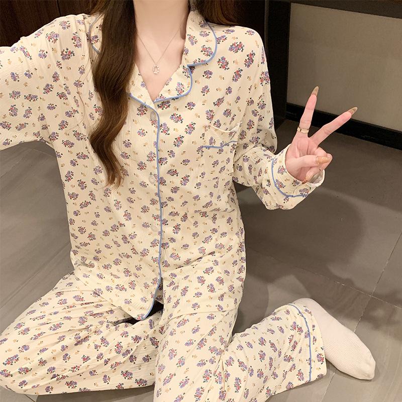 Cardigan Long-Sleeved Pajamas Women'S Long-Sleeved Sweet Purple Small Floral Thin Loungewear Set