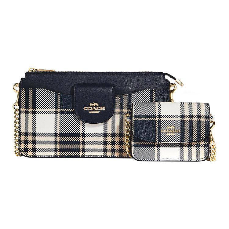 

Coach Poppy 21 Classic Plaid Print Coated Canvas And Smooth Leather Crossbody Bag Small Women crossbody bag Midnight-Blue Gold C8682-IMF23 Basic Set (Bag+Dust Bag)