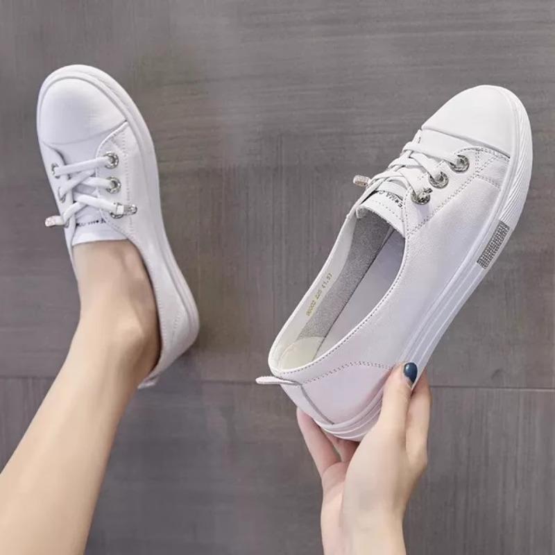All Cowhide Shallow Mouth White Shoes Women's New Summer Versatile Leather Casual One-pedal Flat-soled Single Shoes