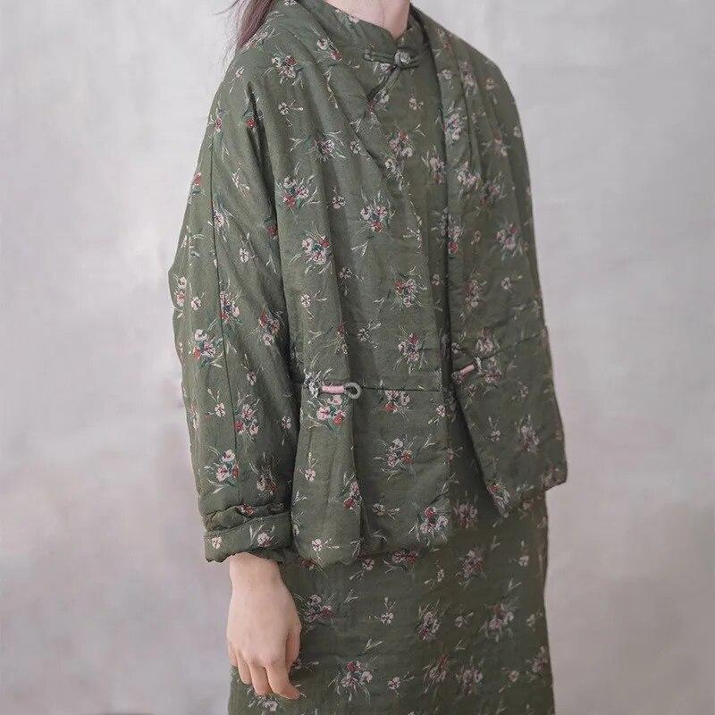 Johnature Dámské Vintage potisk květinové bavlněné parky s výstřihem do V, dlouhým rukávem, knoflíky, zimní kabáty v čínském stylu, teplé parky