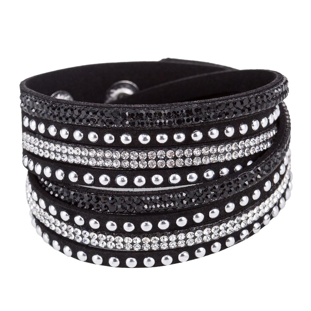 Vintage Faux Leather Bracelet Women Shiny Hot Fix Rhinestone Inlaid DIY Multilayer Bracelet Gift
