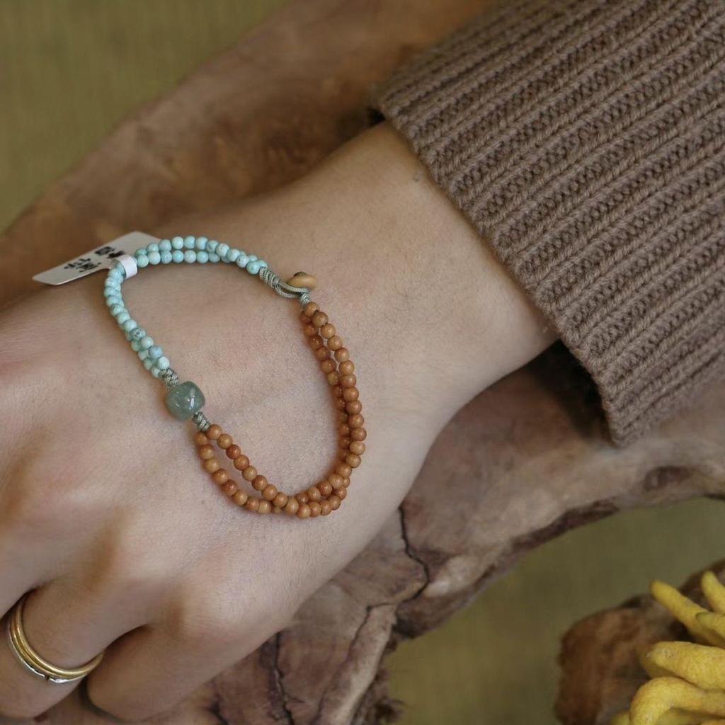 Minimalist Chinese Olive Pit & Turquoise Buddhist Beaded Bracelet – Versatile Literary Jewelry