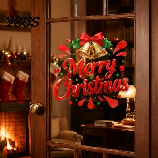 Christmas Party Decorations Merry Static Glass Sticker, Window Decals with Bell PVC Clings Elements, Removable for Home Store Holiday Festive Mirror
