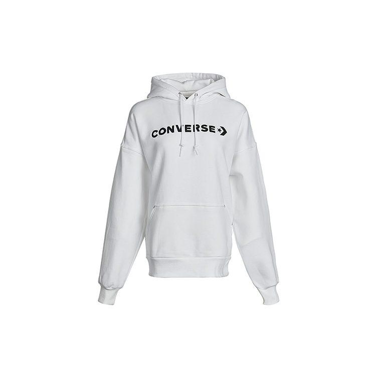 Converse, Solid Color Classic Logo Athleisure Fleece Lined Hooded Pullover Sweatshirt Women's White 10021657-A02