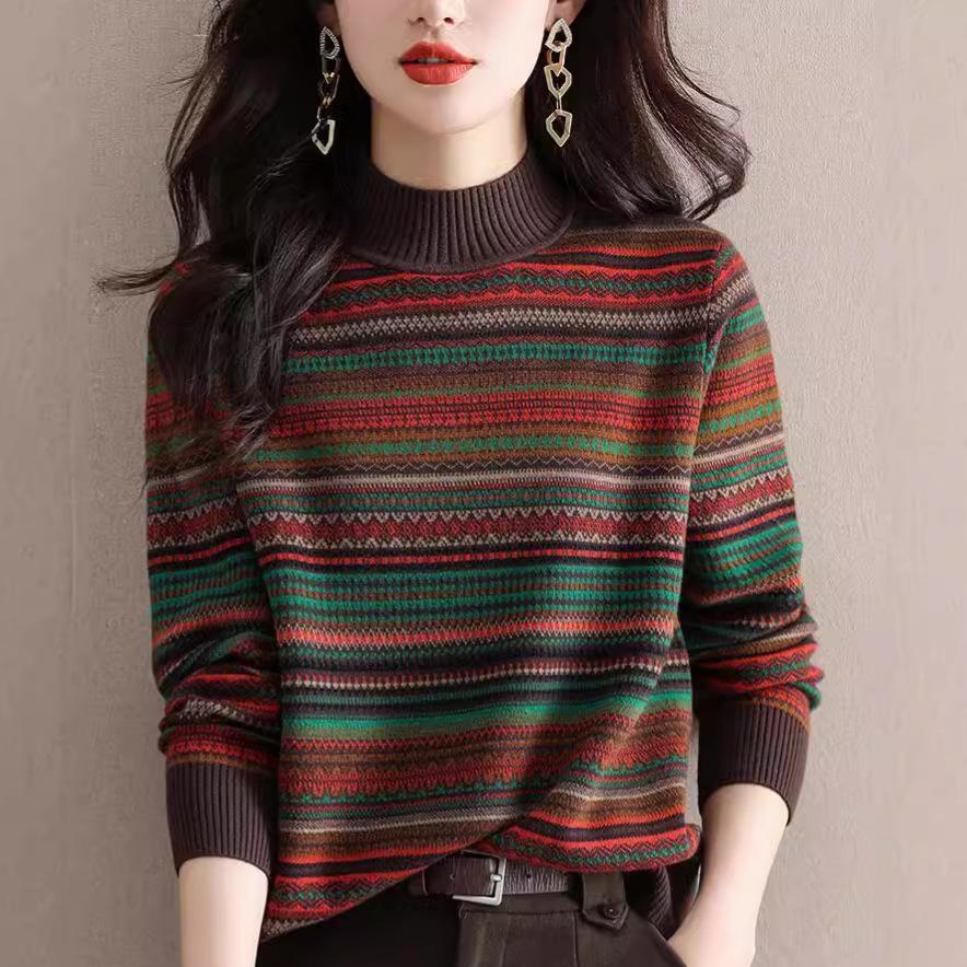 Half Turtleneck Knitted Sweater for Women Vintage Jacquard Sweater Fashionable Striped Casual Pullover for Autumn and Winter