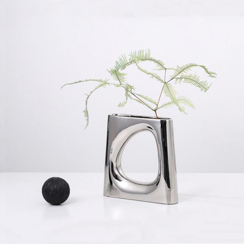 Ceramic Vase Silver Box Hollow Geometric Flower Vases Floral Arrangement Accessories Ceramic Handicraft Home Decoration