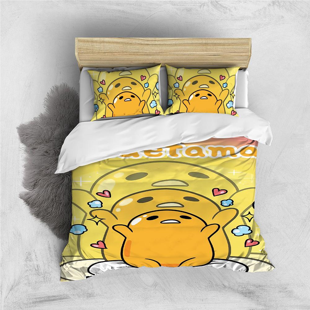 Grosstor Unisex Funny Cute Gudetama Duvet Cover Set Home Style Bedding Soft Laundry Cotton Bed 3 Piece Set Student Dormitory Gift