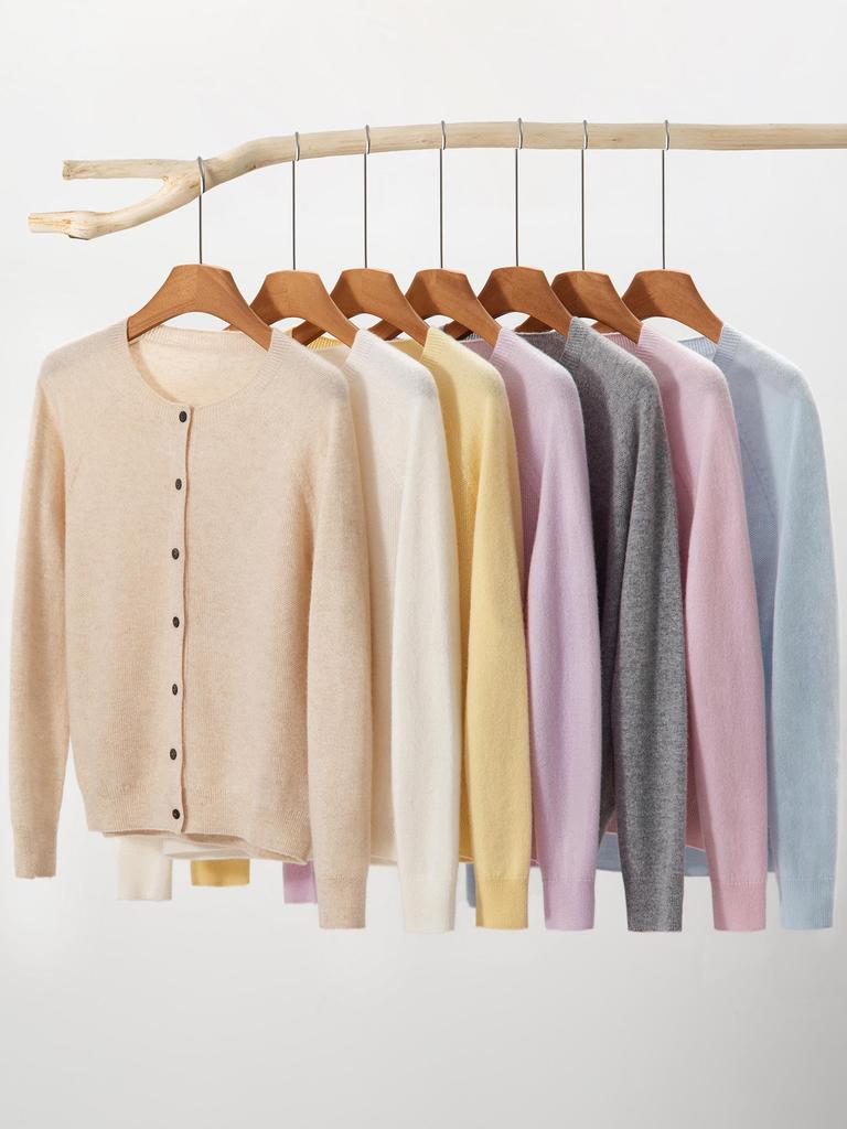 100% Pure Cashmere Osmanthus-Stitch Women's Cardigan: Autumn/Winter Solid Color, Round Neck Sweater, Warm & Versatile Knit Outerwear.