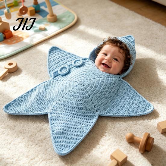 Seestern Schlafsack für Neugeborene Baby Schlafsack, Gestrickter Schlafsack mit Kapuze, Weiches Baumwollgarn Baby Wickeltuch Gemütliche Sternförmige Tragbare Decke, Neugeborene