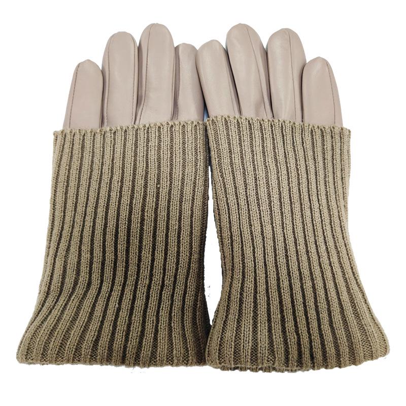 Damen Strick-Rippen-Lederhandschuhe: Herbst/Winter Warm Radfahren Plus Samt Echtes Leder