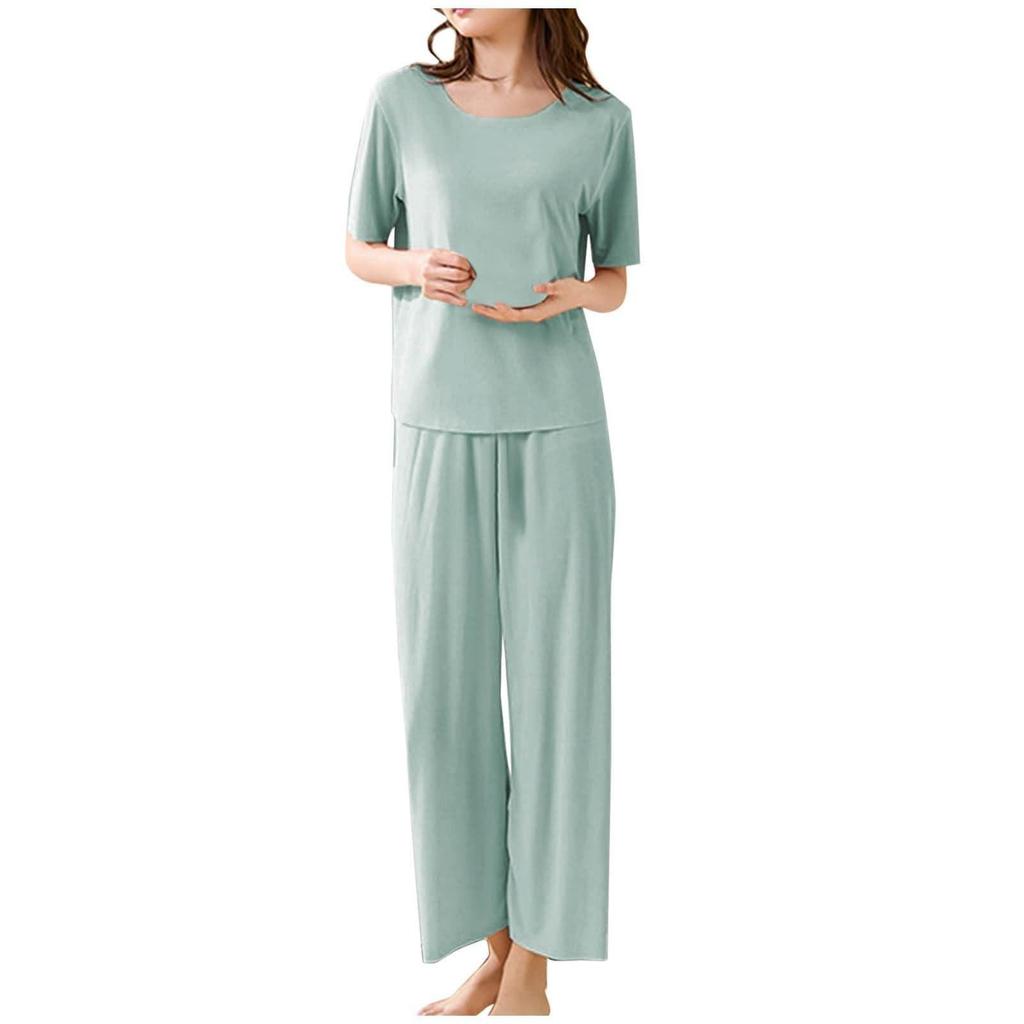 2Pcs/Set Top Pants Set Women Pajamas Seamless Ice Silk Round Neck Short Sleeve Solid Color Elastic Waist Wide Leg Loose Soft Breathable Homewear