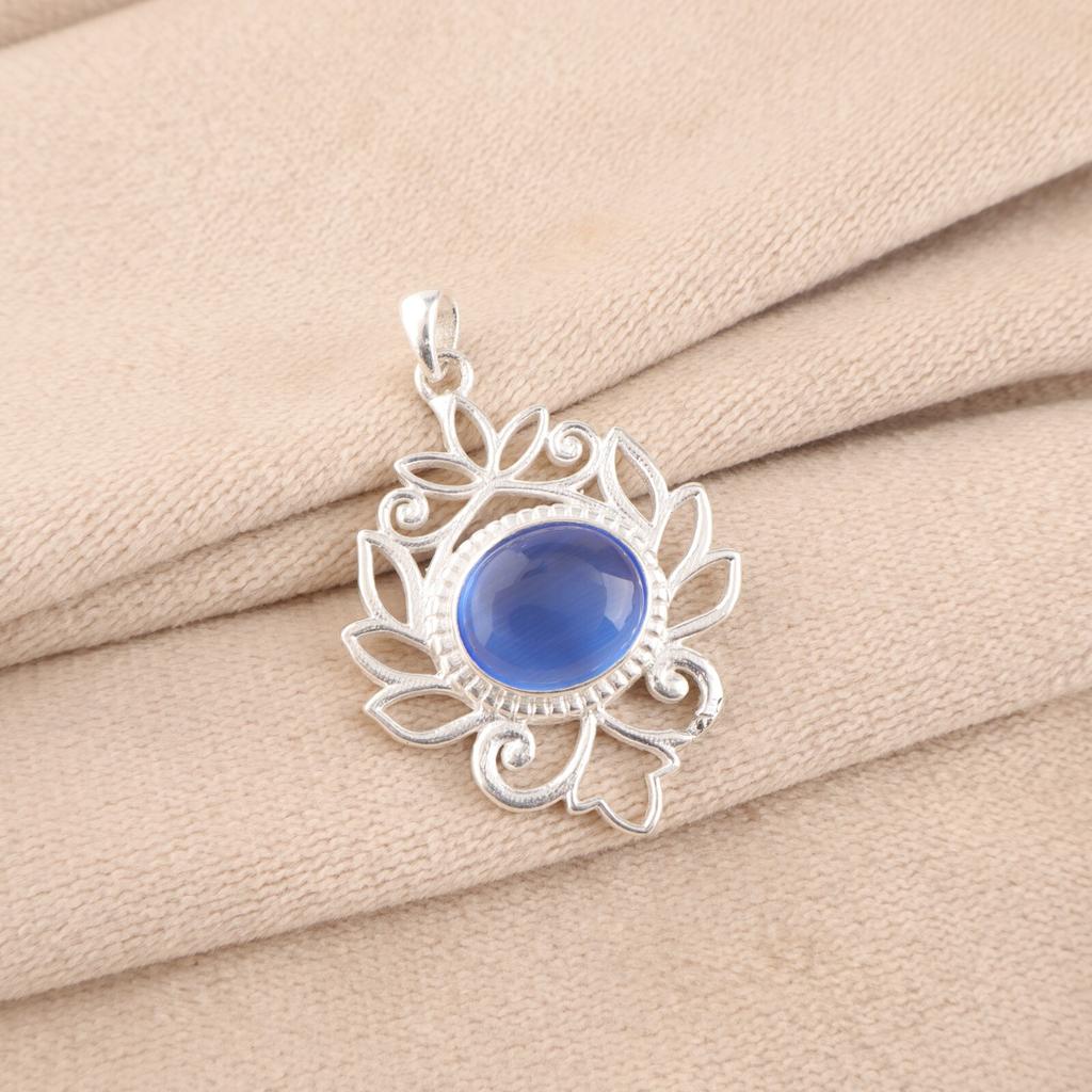 Dark Blue Cat's Eye Gemstone 925 Stamped Silver Jewelry Handmade Pendant For Her CP-1-41