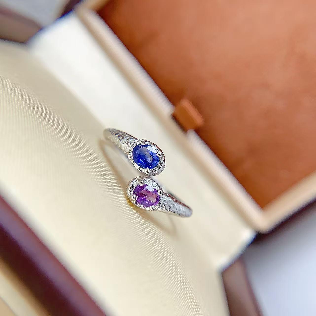 925 Sterling Silver Open Ring with Natural Sapphire Double Stone