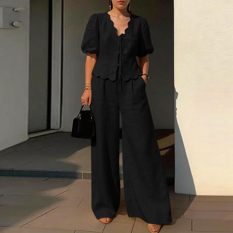ZANZEA Damen Kurzarmbluse und Lange Hosen Sommer Zweiteilige Anzug Sets