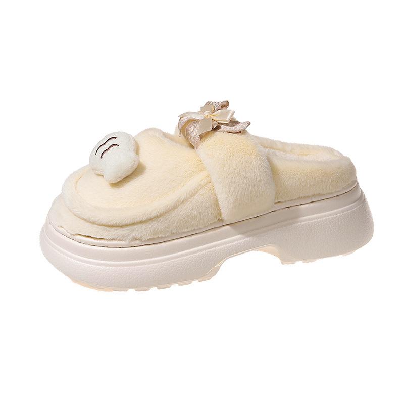 Bow puppy cotton slippers outer wear women's 2025 autumn and winter season piled thickened non-slip thick-soled versatile cotton shoes
