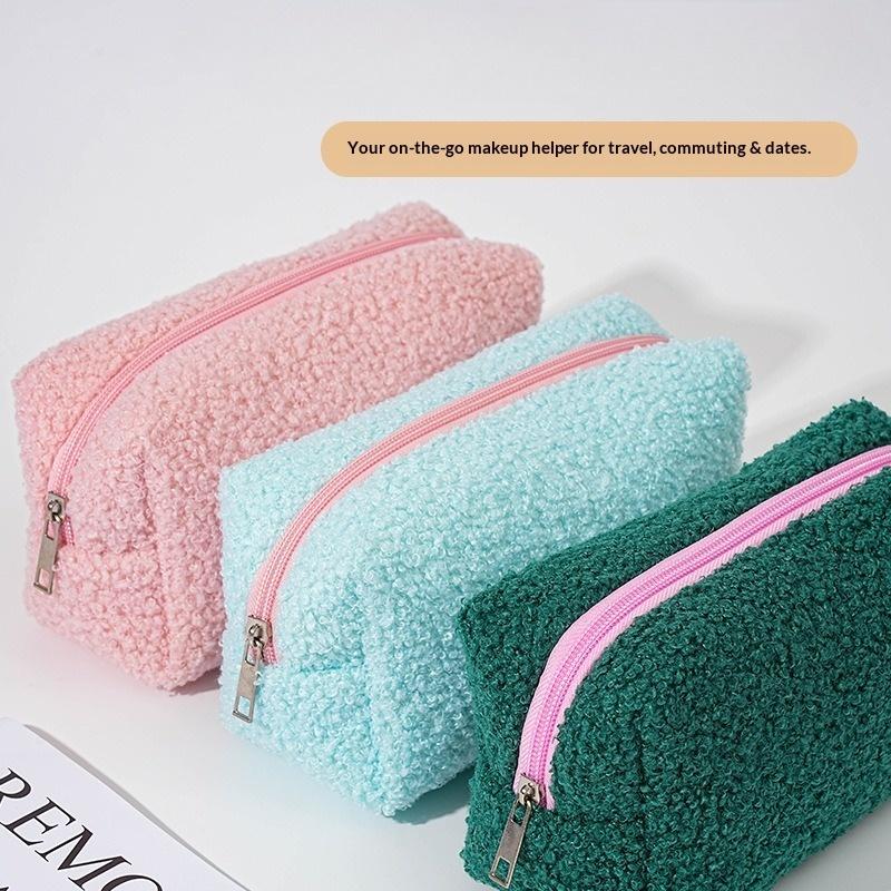 Cute Zipper Plush Large Solid Color Cosmetic Bag Makeup Bag for Women Travel Make Up Toiletry Bag Washing Pouch Pen Pouch