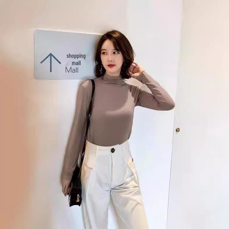 Nine Colors Women's High Neck Modal Base Top - Korean Style Solid Color Long Sleeve for 2025 Autumn/Winter.