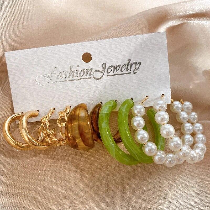 17KM Vintage Gold Color Hoop Earrings Set Pearl Metal Dangle Earrings for Women Crystal Twist Earrings Trendy Fashion Jewelry