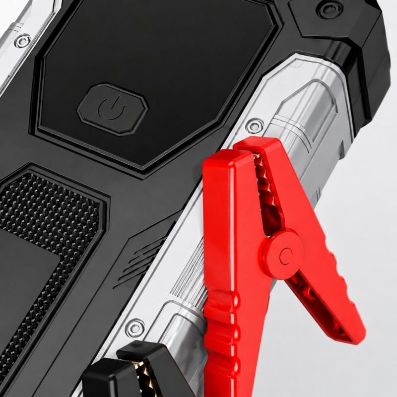 Car Starter for Depleted 12V Vehicle Batteries, with Digital Battery Display, USB Output, Integrated LED Light, Starter-Clamp Cable, and Zippered Case