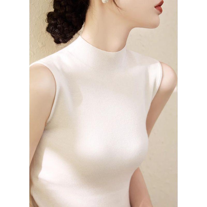 

Summer Silm Sleeveless Ice Silk Vest Knitwear Lyocell Tencel Half-High Collar Inner Match T-Shirt Bottoming Tops Women White [fabric upgrade]] S