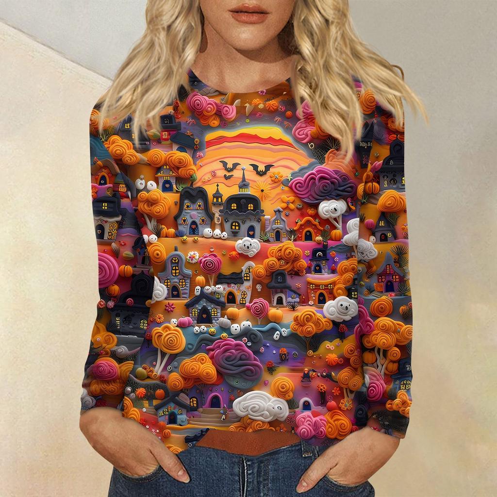 Women's Fashion Casual Halloween Printed Round Neck Long Sleeve Pullover Top