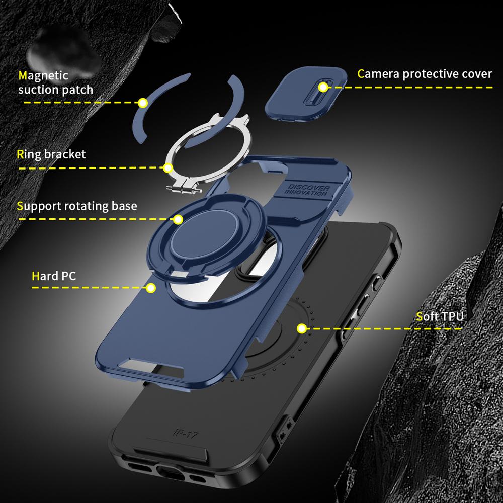 KEYSION 360° Rotating Ring Stand Phone Case for iPhone 17 Silicone+PC Slide Camera Protection Magnetic Shockproof Back Cover