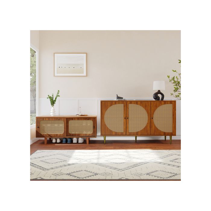 Rattan Low Living Room Furniture - Combination of a Rattan Chest of Drawers and a Shoe Cabinet, Walnut Color
