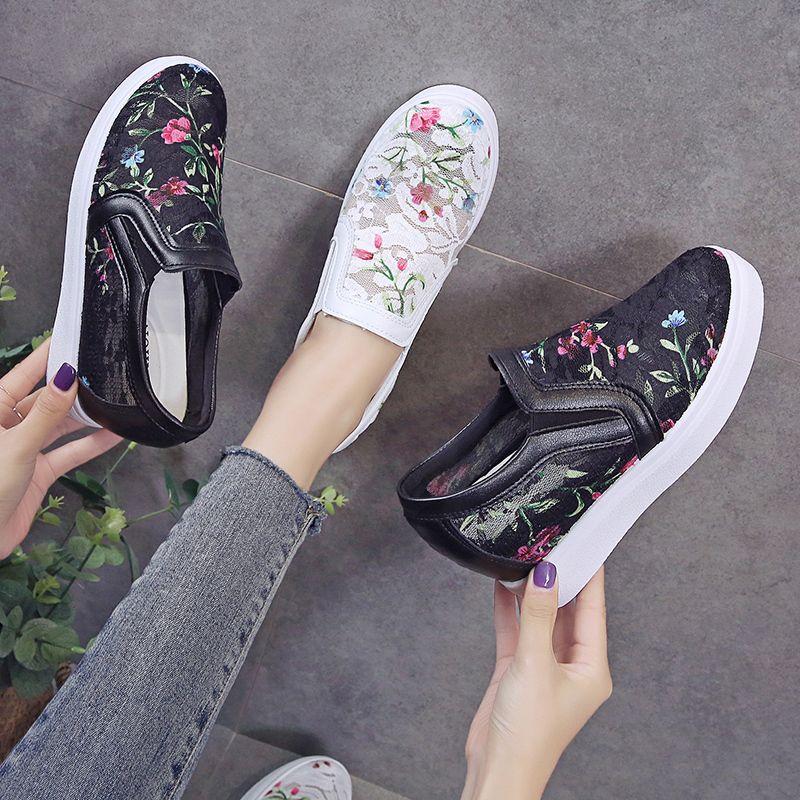 Fashion Summer Casual Women's Lace Breathable Shoes Trends 2025 Original Y2k Fashion Slip On High On Platform Embroidery Ladies Footwear