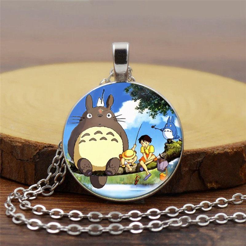 Time Gem Cute Totoro Pattern Round Glass Alloy Pendant Necklace